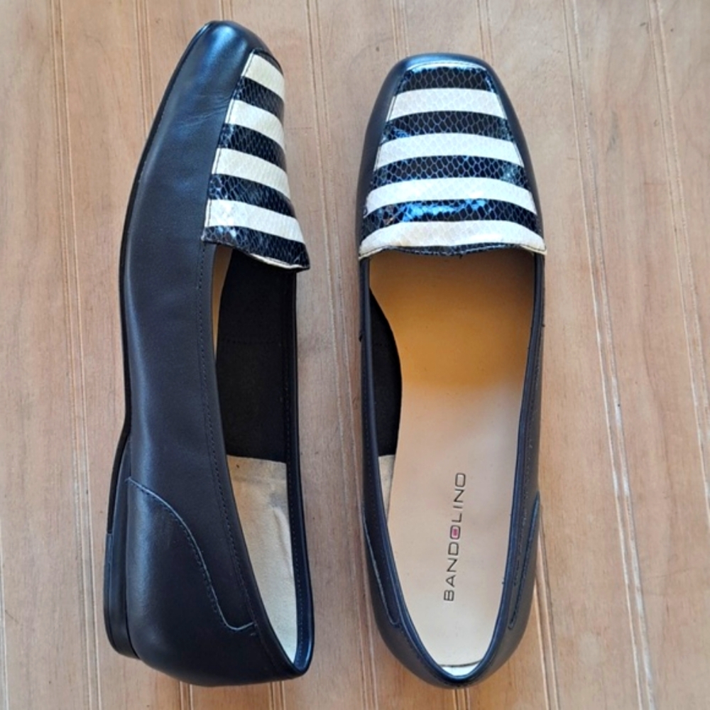 BANDOLINO Liberty Leather Navy Strip Croc Square Toe Quality Loafers Flats